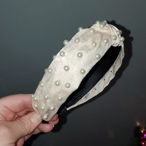 New handmade boutique pearl top knot flexible wide headband off white
